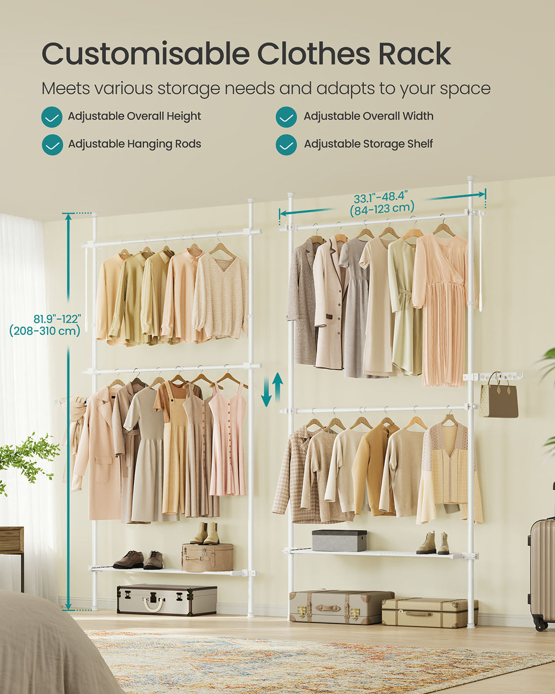 Floor to Ceiling Clothes Rail – Metal – Matte White – 3-Tier Adjustable