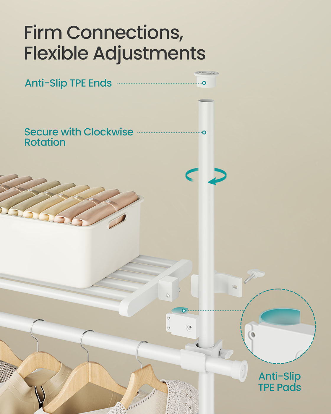 Floor to Ceiling Clothes Rail – Metal – Matte White – 3-Tier Adjustable