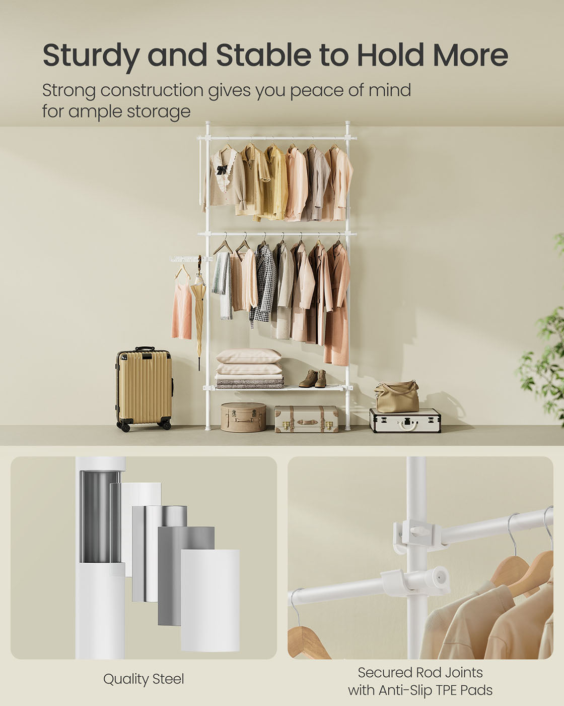 Floor to Ceiling Clothes Rail – Metal – Matte White – 3-Tier Adjustable