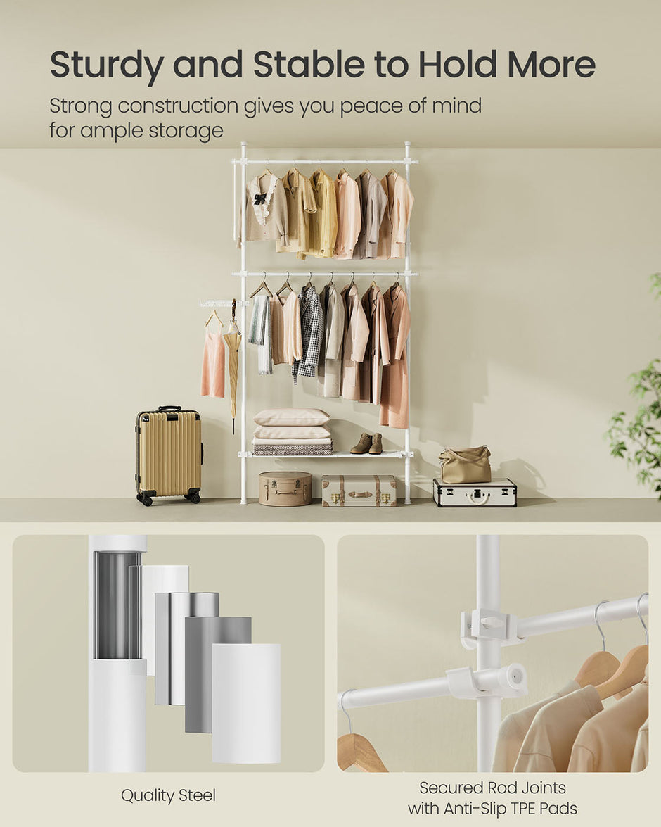 Floor to Ceiling Clothes Rail – Metal – Matte White – 3-Tier Adjustable