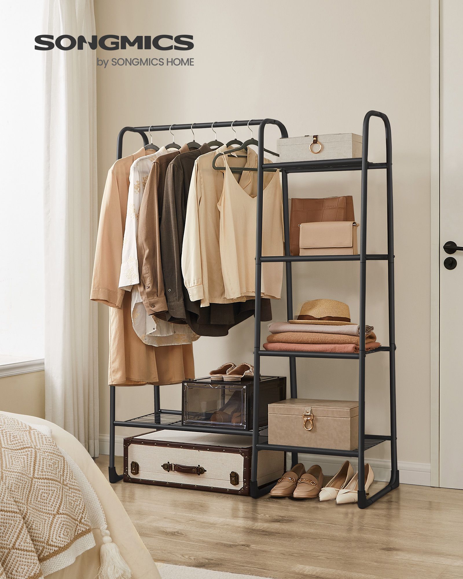 Freestanding Clothes Rack – Metal – Matte Black – 5 Storage Shelves