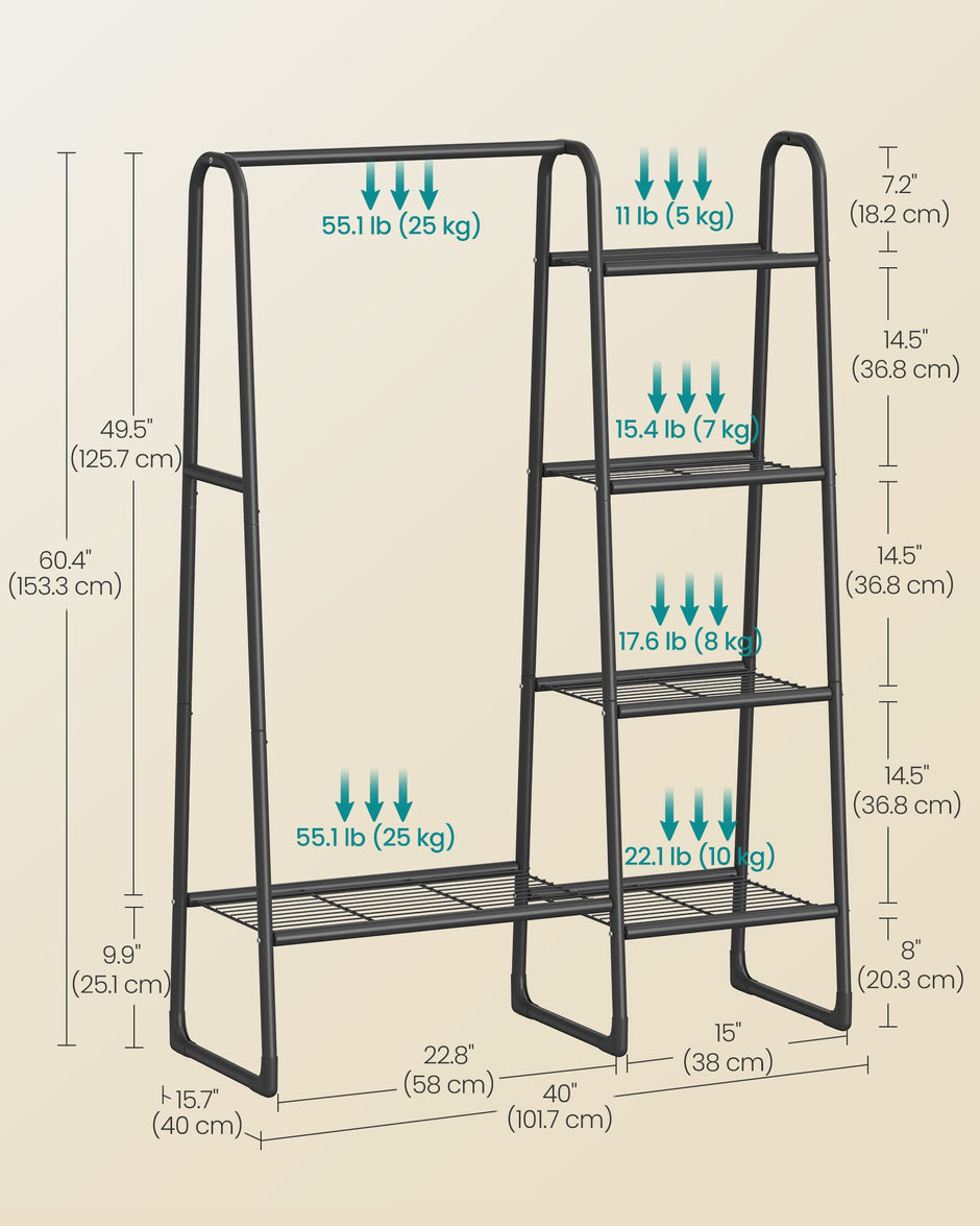 Freestanding Clothes Rack – Metal – Matte Black – 5 Storage Shelves