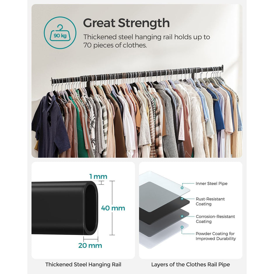 Heavy Duty Mobile Clothes Garment Rack – Chrome – Extendable and Collapsible Design – 90 kg Load Capacity with Wheels