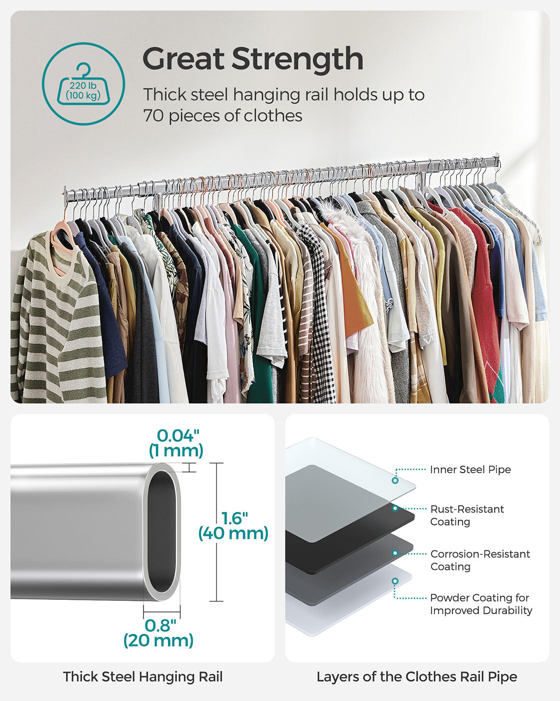 Heavy Duty Clothes Rack – Chrome – Extendable and Collapsible – 90 kg Load Capacity with Wheels