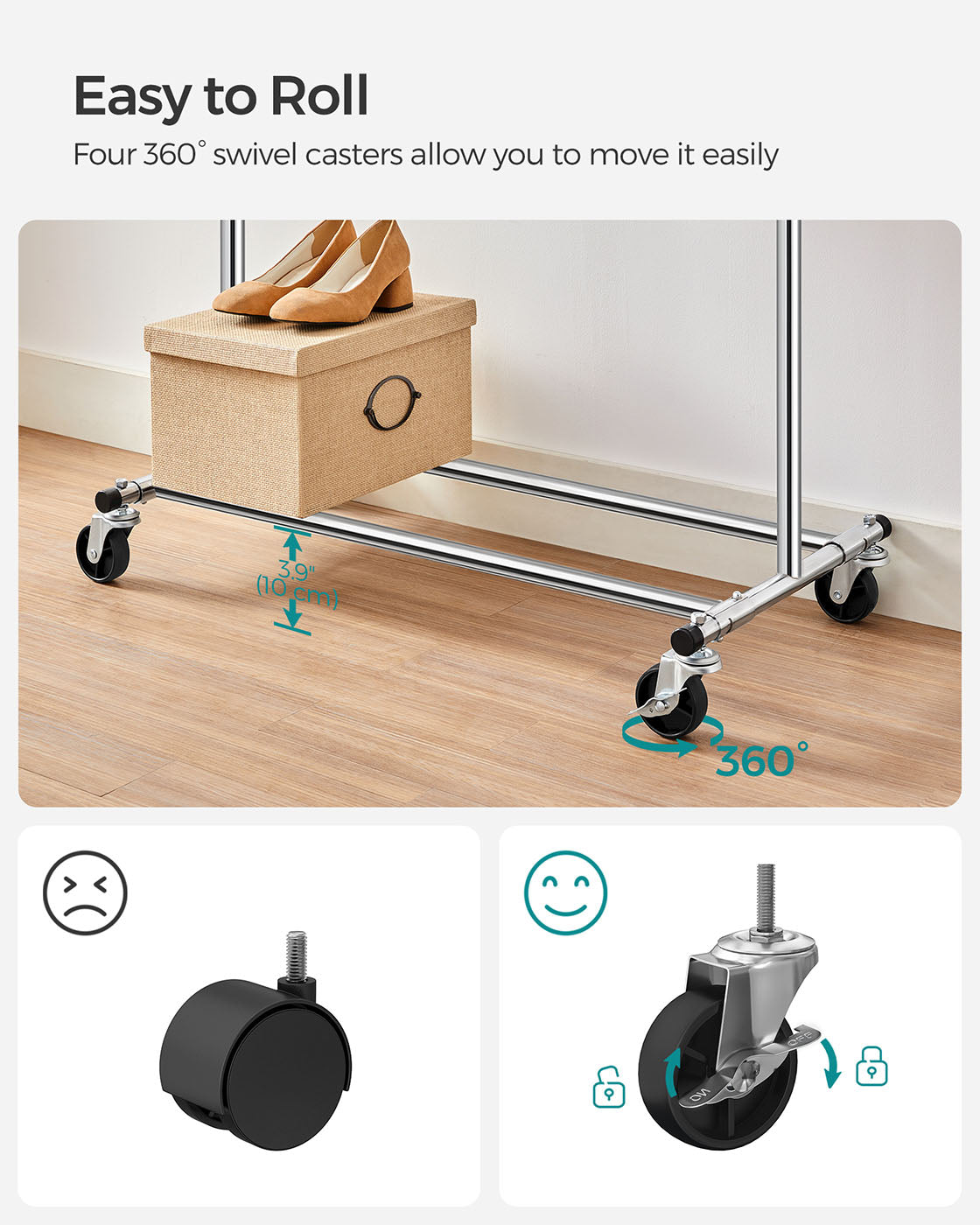 Heavy Duty Clothes Rack – Chrome – Extendable and Collapsible – 90 kg Load Capacity with Wheels