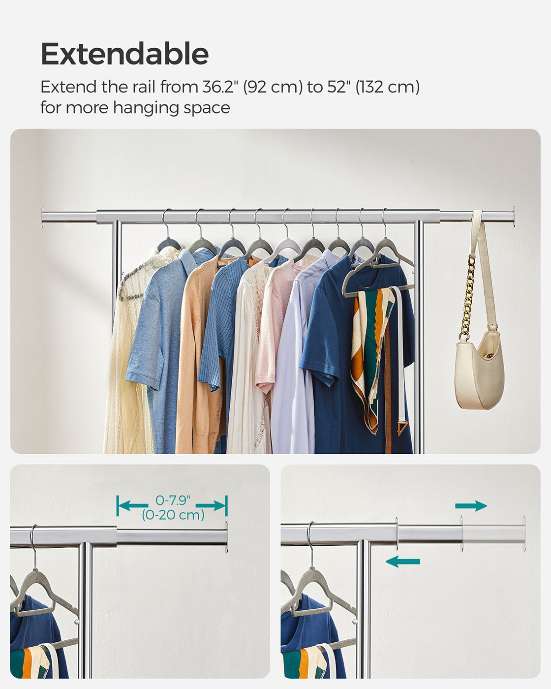Heavy Duty Clothes Rack – Chrome – Extendable and Collapsible – 90 kg Load Capacity with Wheels