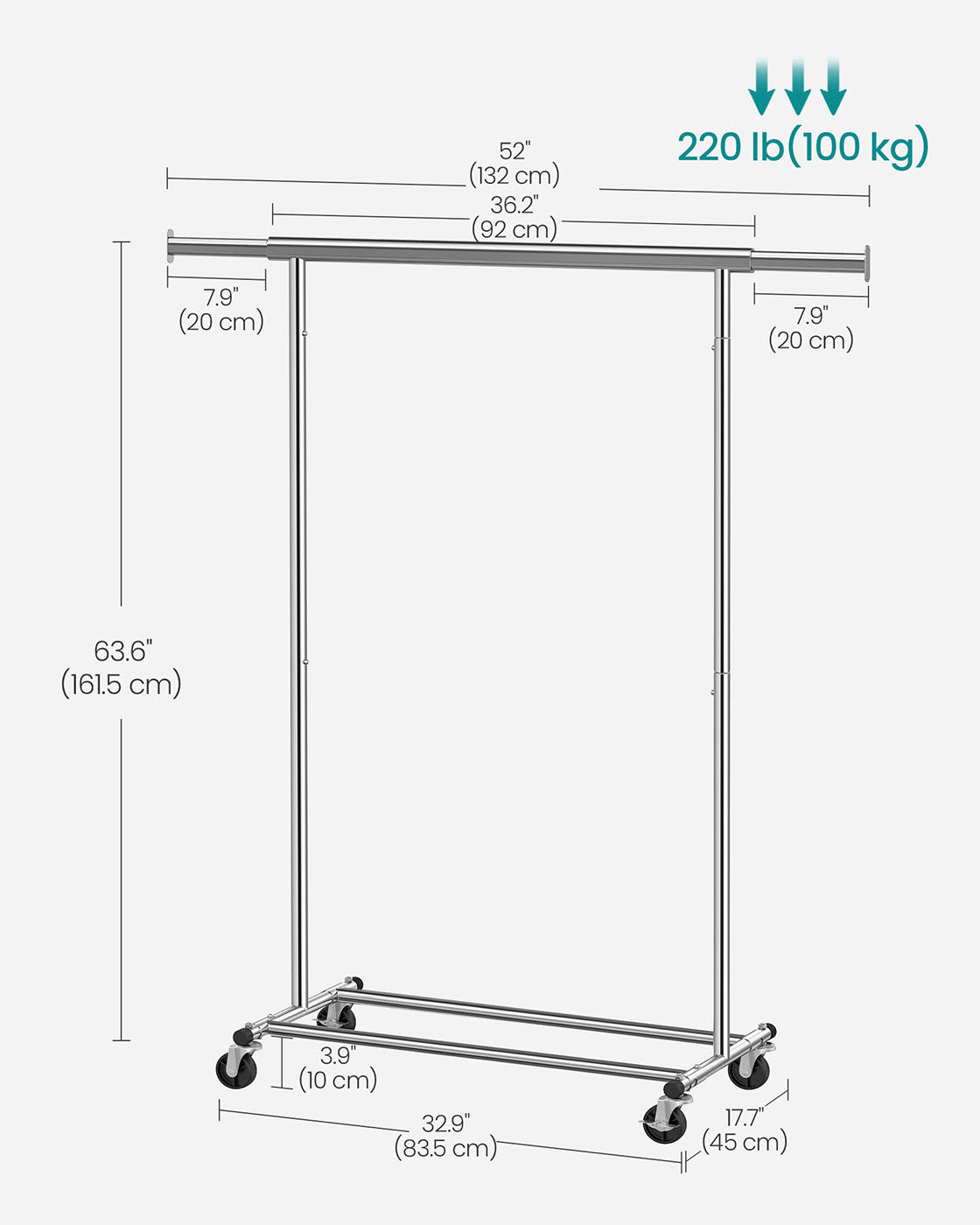 Heavy Duty Clothes Rack – Chrome – Extendable and Collapsible – 90 kg Load Capacity with Wheels