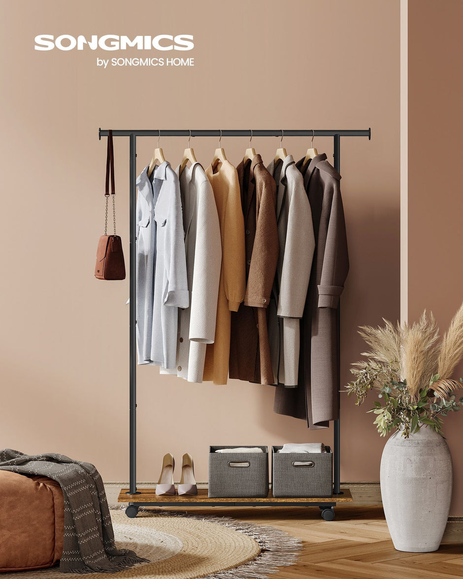 Portable Clothes Rack – Metal – Rustic Brown and Ink Black – with Storage Shelf and Wheels
