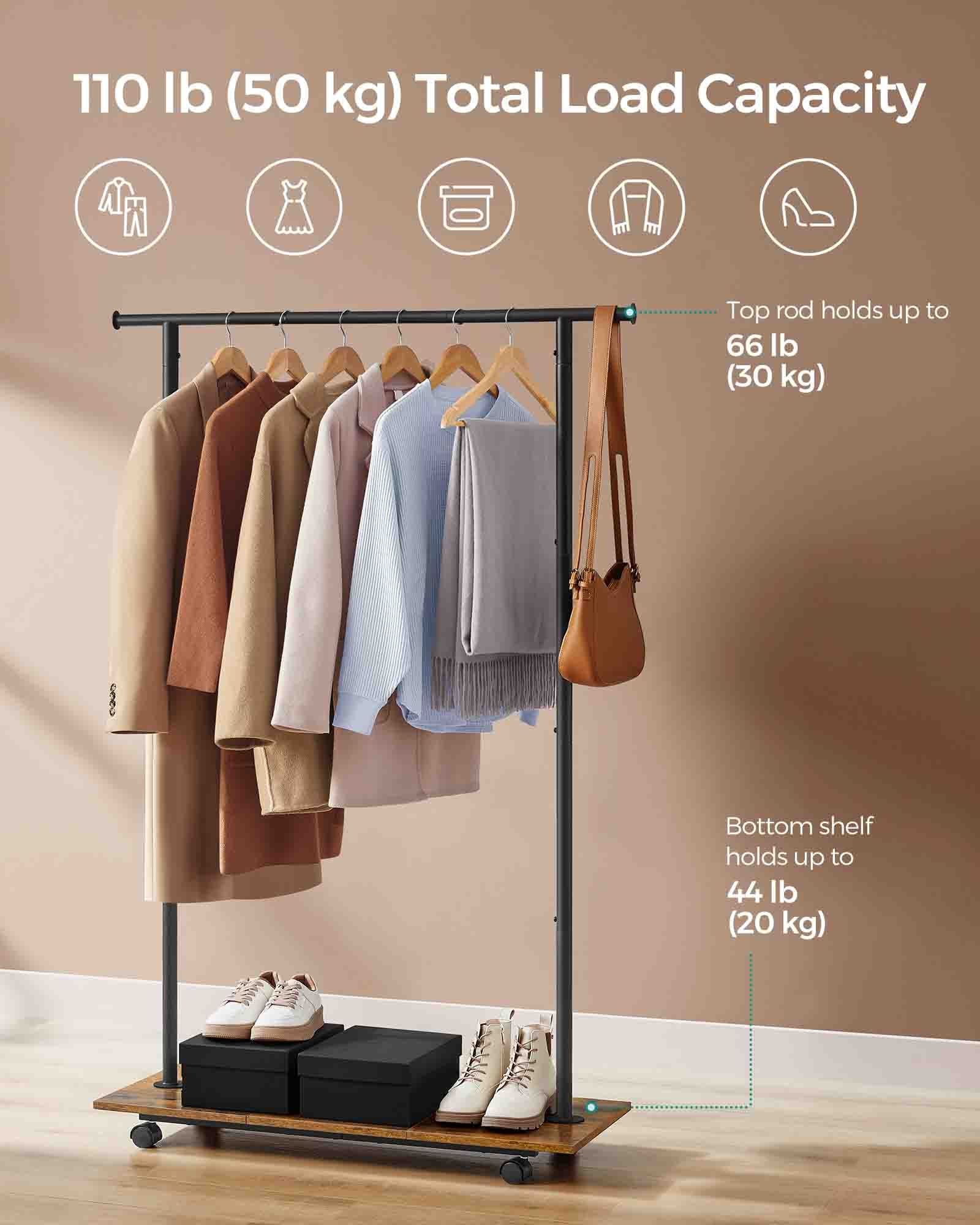 Portable Clothes Rack – Metal – Rustic Brown and Ink Black – with Storage Shelf and Wheels