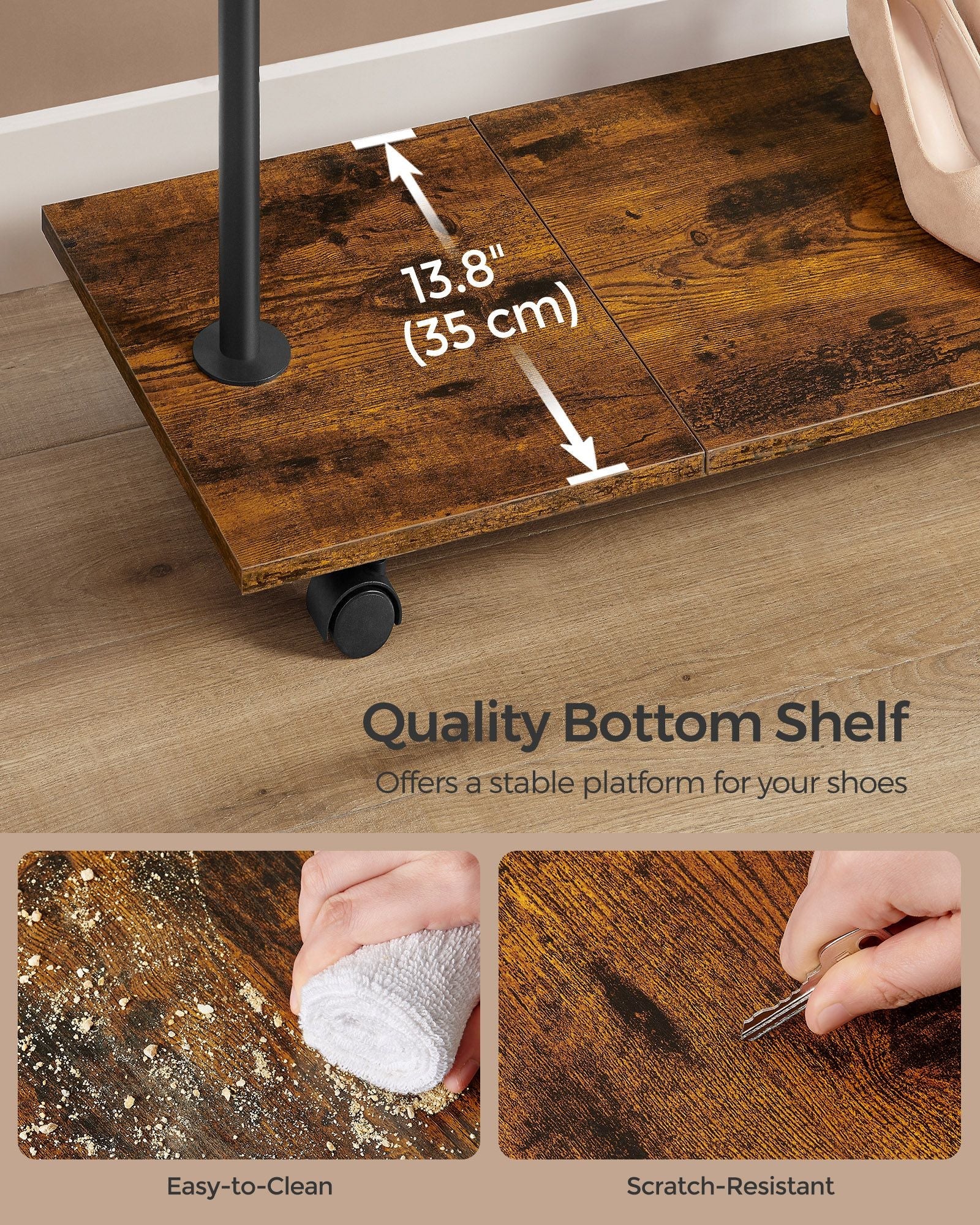 Portable Clothes Rack – Metal – Rustic Brown and Ink Black – with Storage Shelf and Wheels