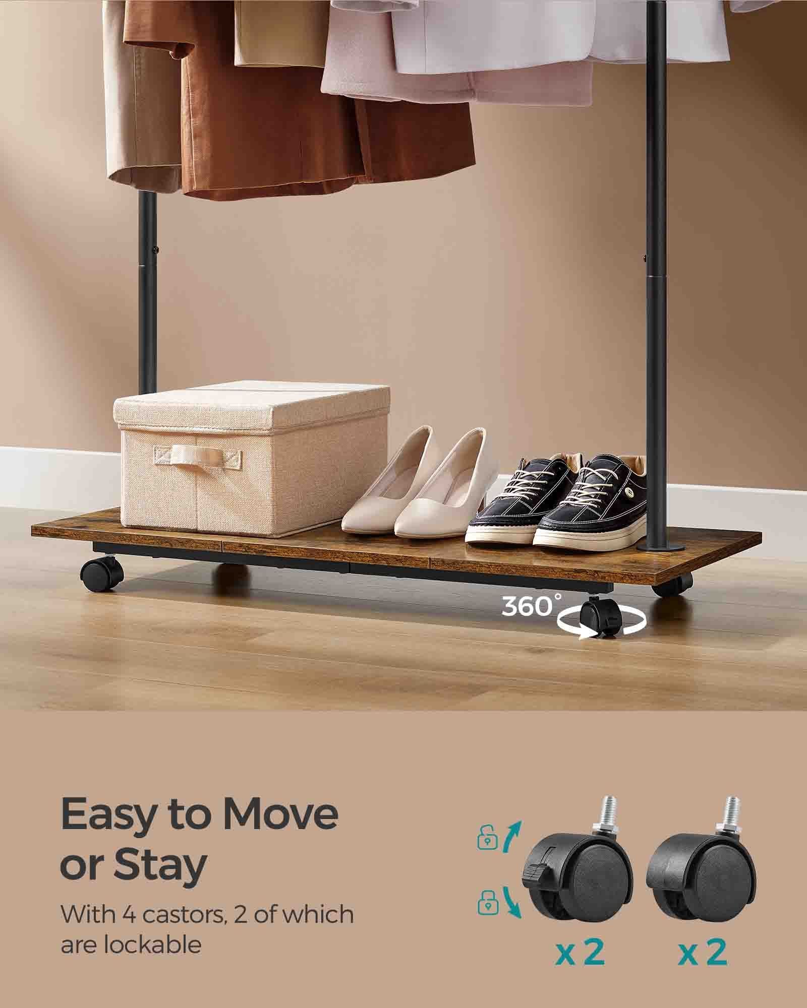 Portable Clothes Rack – Metal – Rustic Brown and Ink Black – with Storage Shelf and Wheels