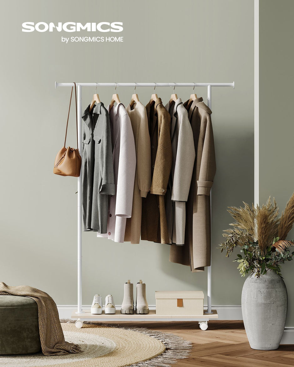 Portable Clothes Rack – Metal – Natural Beige and Cloud White – With Storage Shelf and Wheels