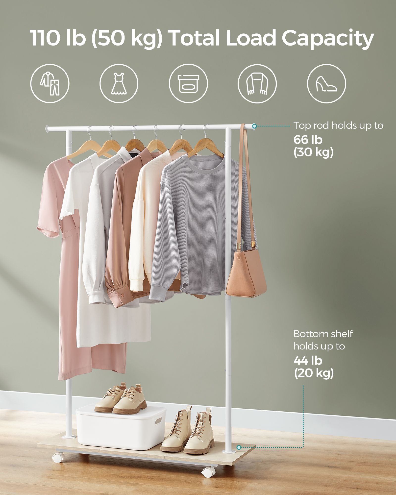 Portable Clothes Rack – Metal – Natural Beige and Cloud White – With Storage Shelf and Wheels