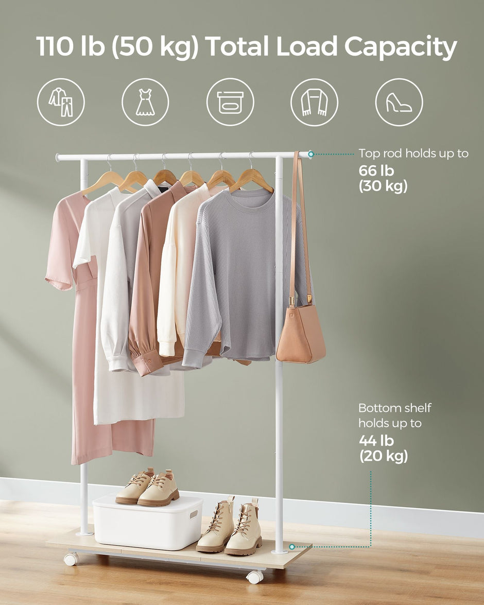 Portable Clothes Rack – Metal – Natural Beige and Cloud White – With Storage Shelf and Wheels