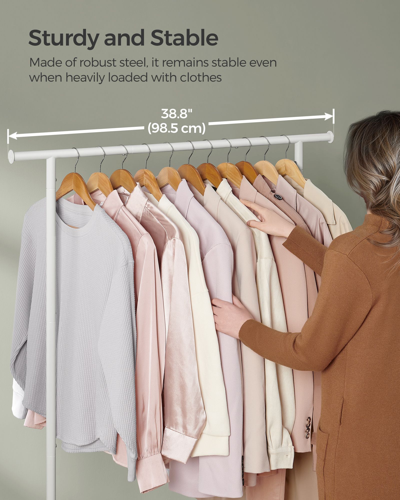 Portable Clothes Rack – Metal – Natural Beige and Cloud White – With Storage Shelf and Wheels