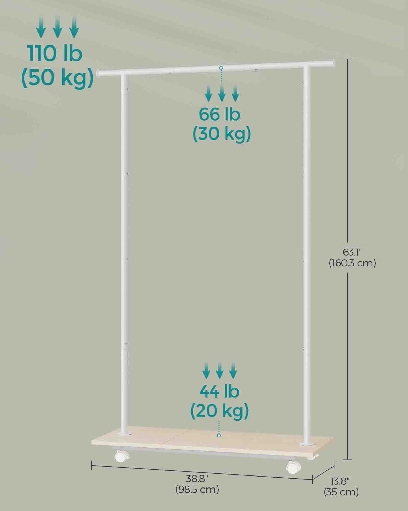 Portable Clothes Rack – Metal – Natural Beige and Cloud White – With Storage Shelf and Wheels
