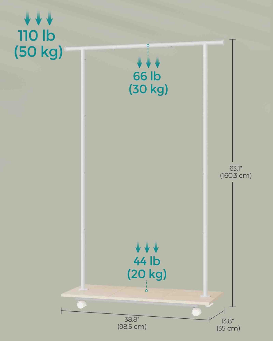 Portable Clothes Rack – Metal – Natural Beige and Cloud White – With Storage Shelf and Wheels