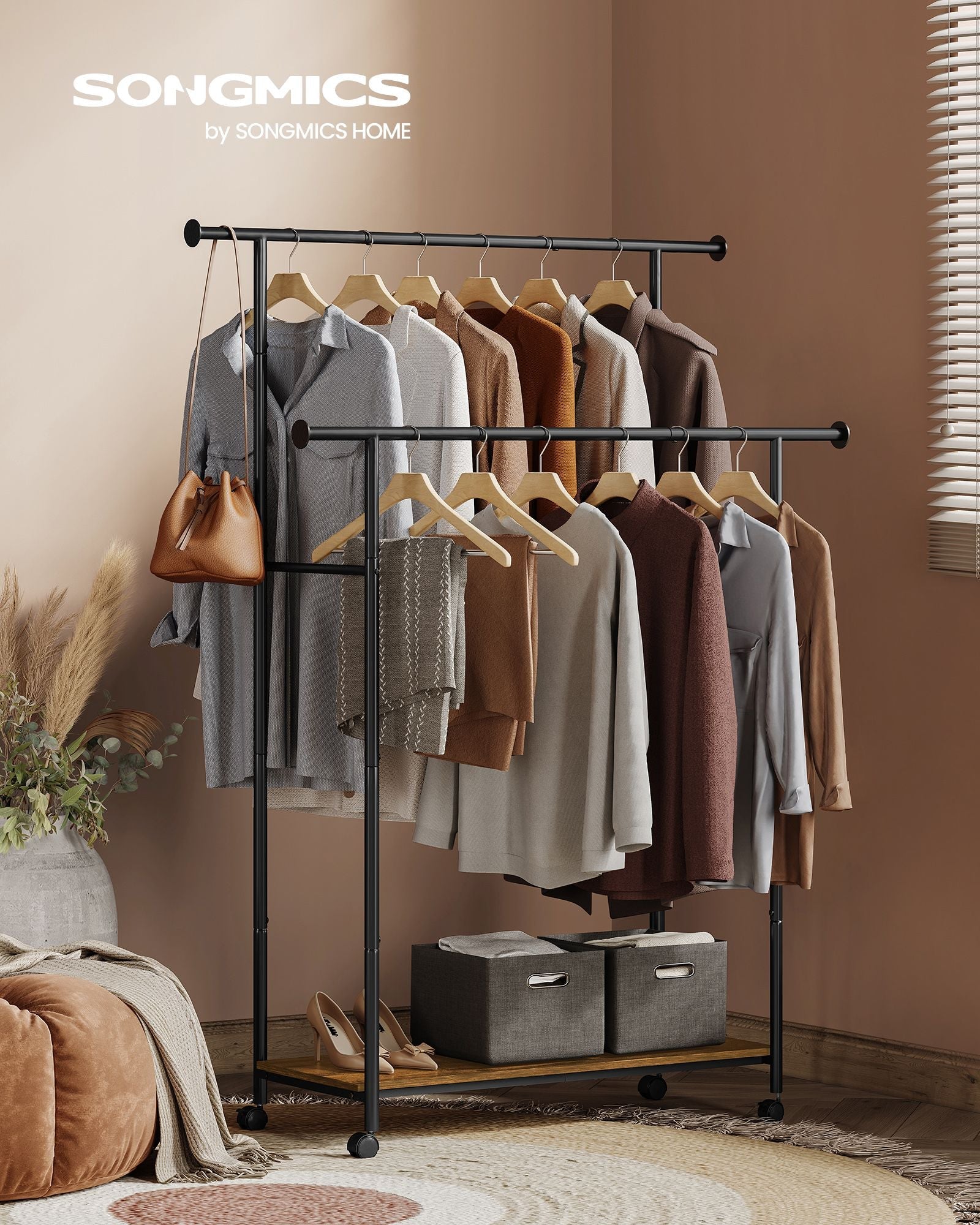 Double-Rod Clothes Rack – Metal – Rustic Brown and Ink Black – Portable with Storage Shelf, Supports up to 100 kg