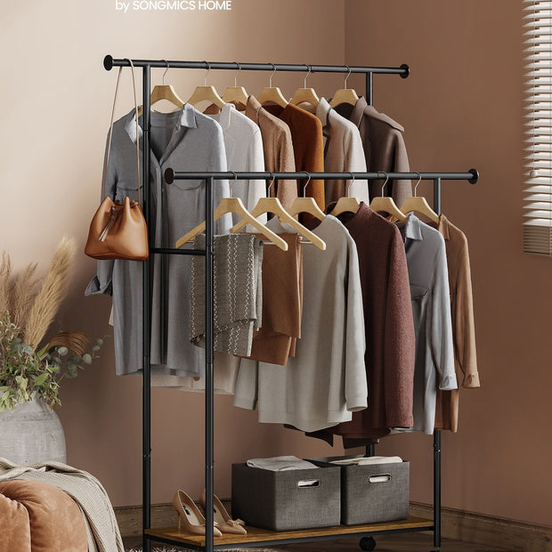 Double-Rod Clothes Rack – Metal – Rustic Brown and Ink Black – Portable with Storage Shelf, Supports up to 100 kg