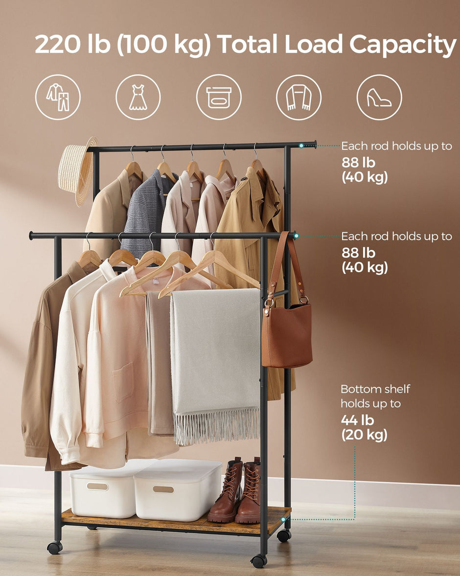 Double-Rod Clothes Rack – Metal – Rustic Brown and Ink Black – Portable with Storage Shelf, Supports up to 100 kg