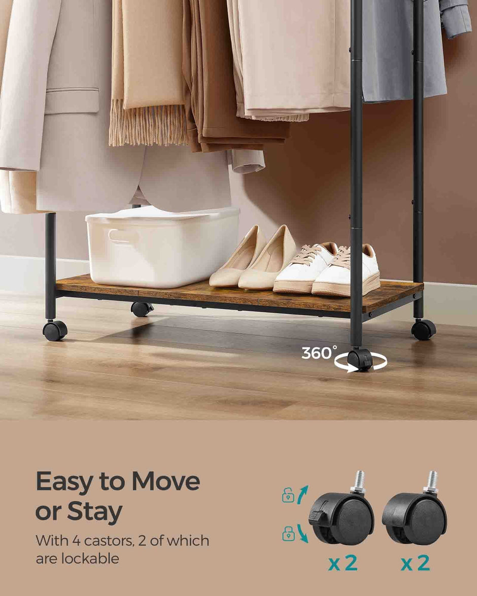 Double-Rod Clothes Rack – Metal – Rustic Brown and Ink Black – Portable with Storage Shelf, Supports up to 100 kg