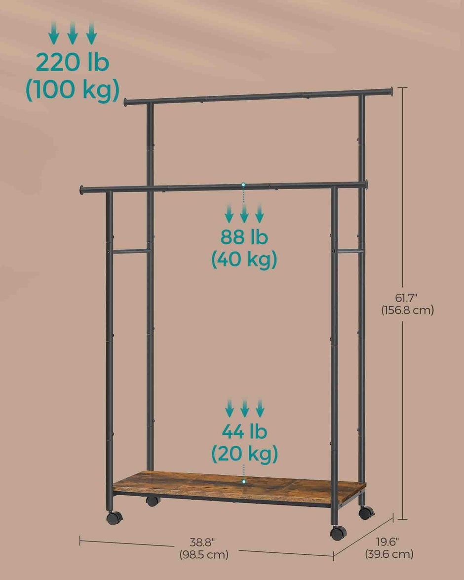 Double-Rod Clothes Rack – Metal – Rustic Brown and Ink Black – Portable with Storage Shelf, Supports up to 100 kg