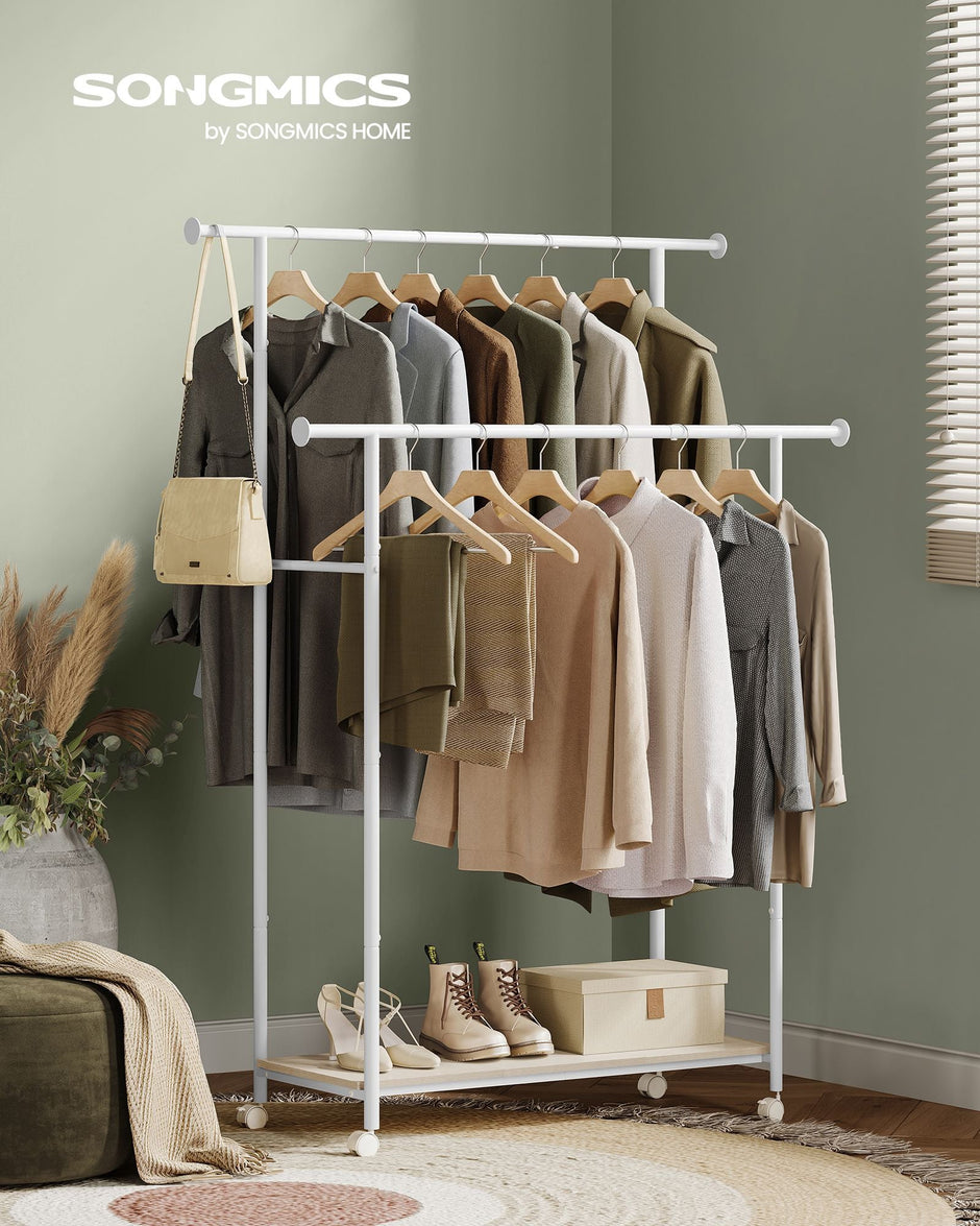 Double-Rod Clothes Rack – Metal – Cloud White and Natural Beige – Portable with Storage Shelf, Supports up to 100 kg