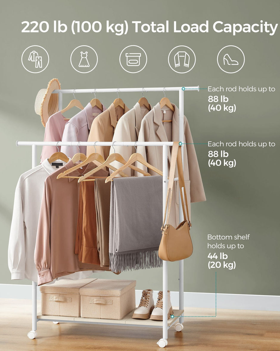 Double-Rod Clothes Rack – Metal – Cloud White and Natural Beige – Portable with Storage Shelf, Supports up to 100 kg