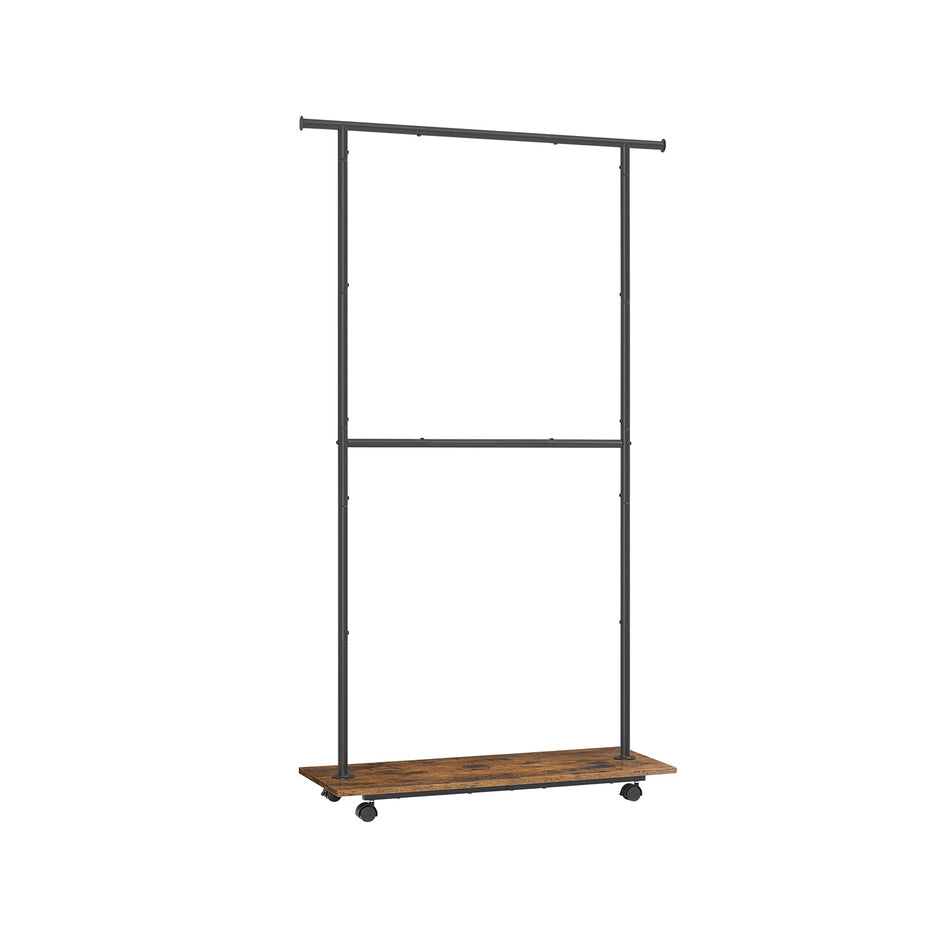 Portable Clothes Rack – Metal and Wood – Rustic Brown and Ink Black – Height-Adjustable with Storage Shelf and Wheels