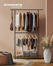 Portable Clothes Rack – Metal and Wood – Rustic Brown and Ink Black – Height-Adjustable with Storage Shelf and Wheels