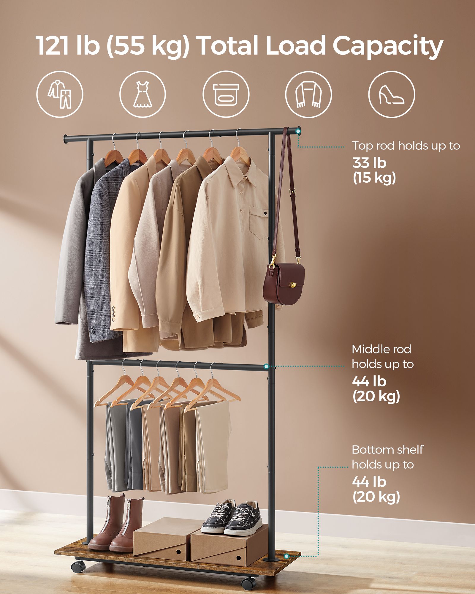 Portable Clothes Rack – Metal and Wood – Rustic Brown and Ink Black – Height-Adjustable with Storage Shelf and Wheels