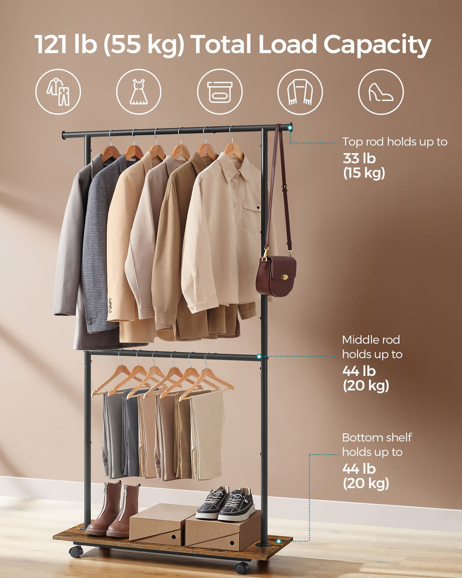 Portable Clothes Rack – Metal and Wood – Rustic Brown and Ink Black – Height-Adjustable with Storage Shelf and Wheels