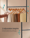 Portable Clothes Rack – Metal and Wood – Rustic Brown and Ink Black – Height-Adjustable with Storage Shelf and Wheels