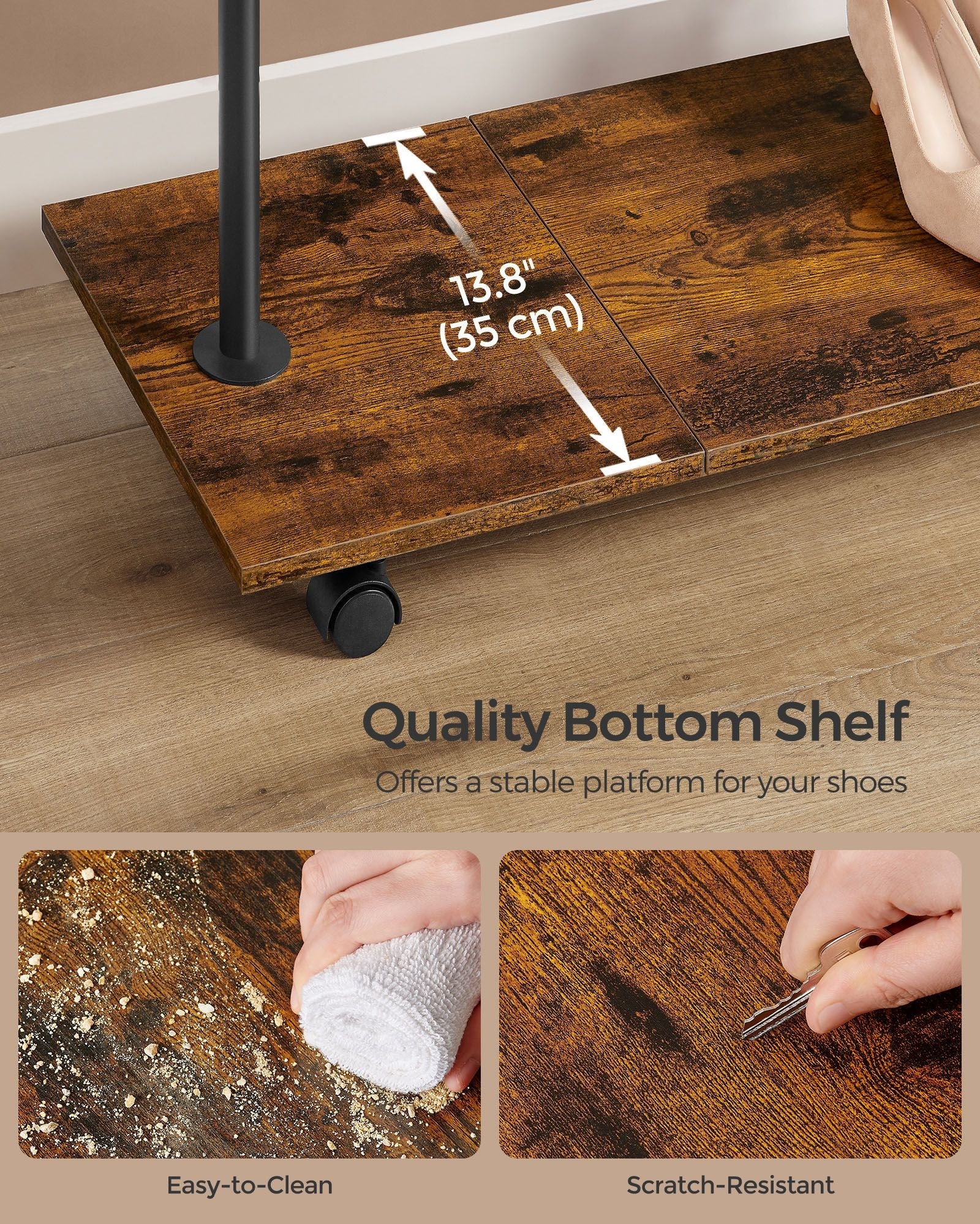 Portable Clothes Rack – Metal and Wood – Rustic Brown and Ink Black – Height-Adjustable with Storage Shelf and Wheels