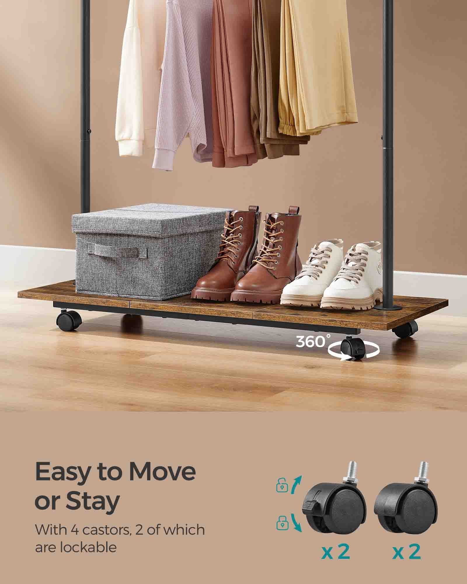 Portable Clothes Rack – Metal and Wood – Rustic Brown and Ink Black – Height-Adjustable with Storage Shelf and Wheels