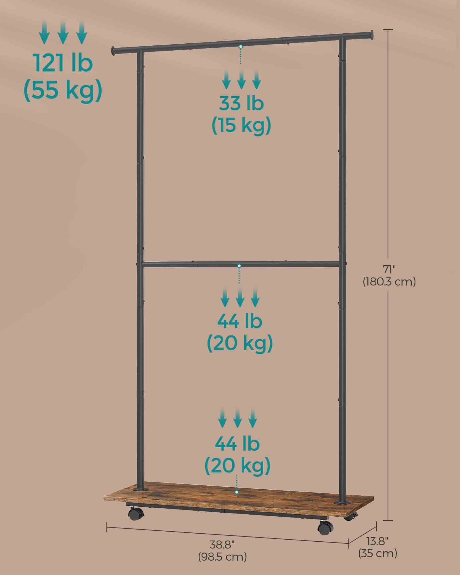 Portable Clothes Rack – Metal and Wood – Rustic Brown and Ink Black – Height-Adjustable with Storage Shelf and Wheels