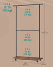 Portable Clothes Rack – Metal and Wood – Rustic Brown and Ink Black – Height-Adjustable with Storage Shelf and Wheels