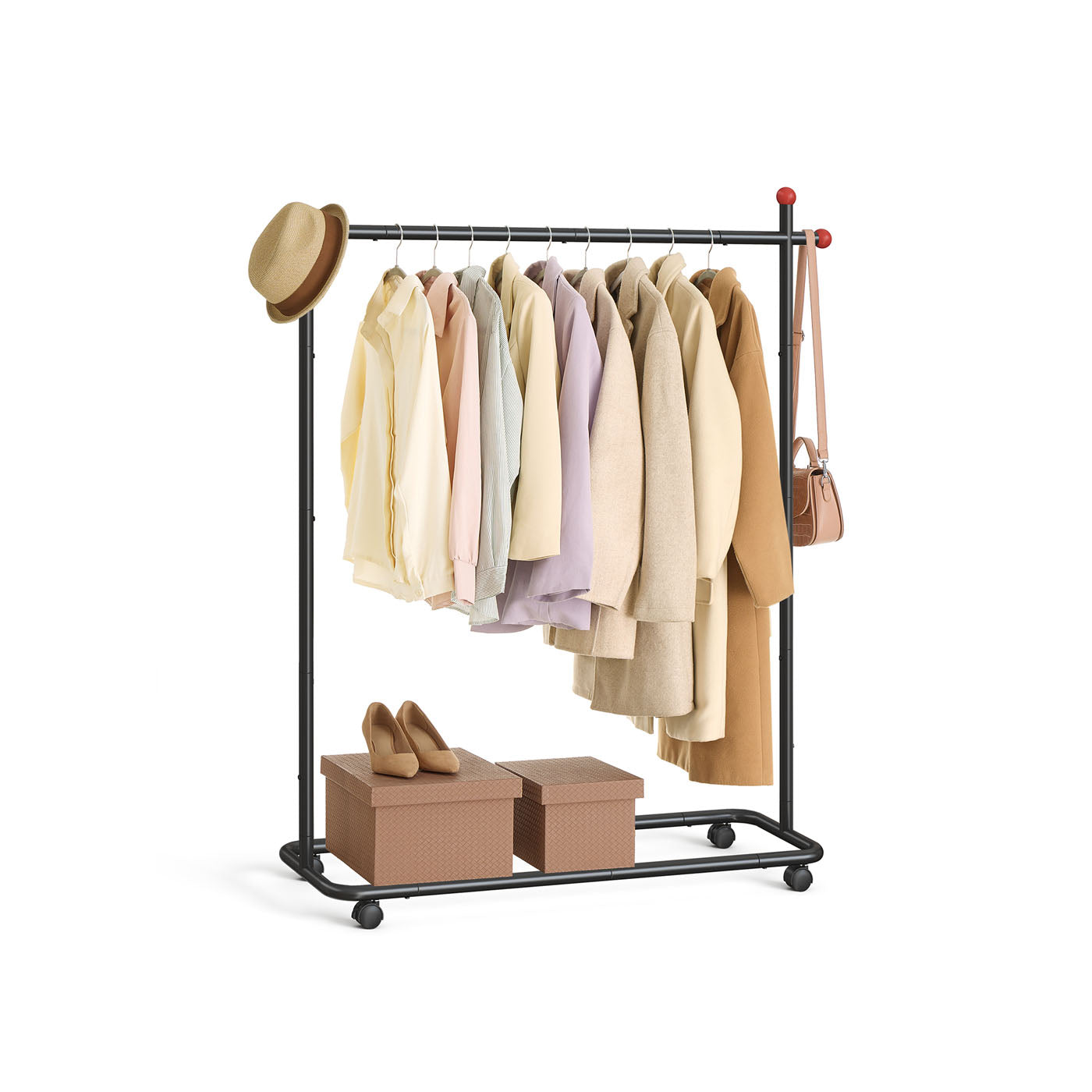 Portable Clothes Rack – Metal – Ink Black – Features 1 Clothes Hanging Rail and Matchstick-Shaped Hooks