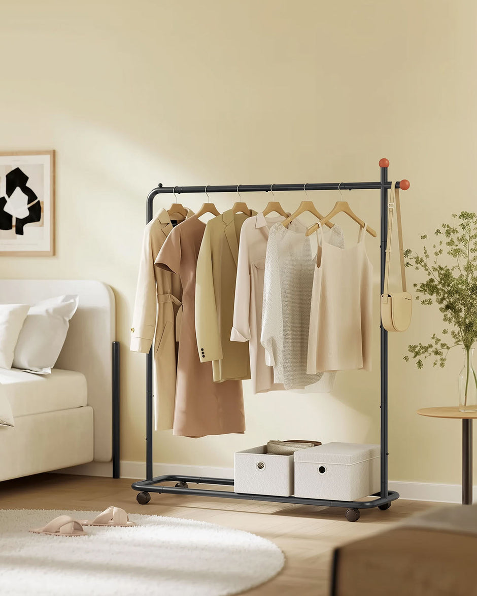 Portable Clothes Rack – Metal – Ink Black – Features 1 Clothes Hanging Rail and Matchstick-Shaped Hooks