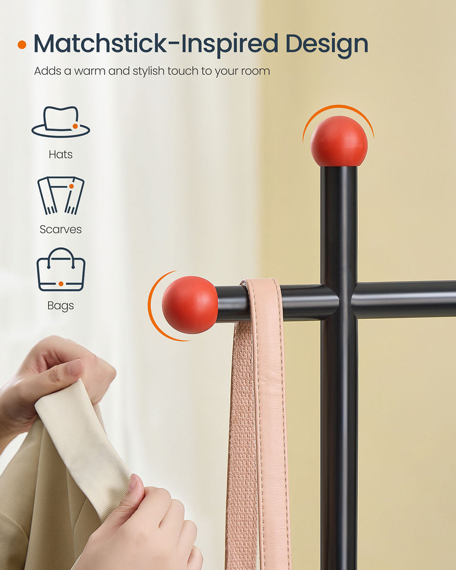 Portable Clothes Rack – Metal – Ink Black – Features 1 Clothes Hanging Rail and Matchstick-Shaped Hooks