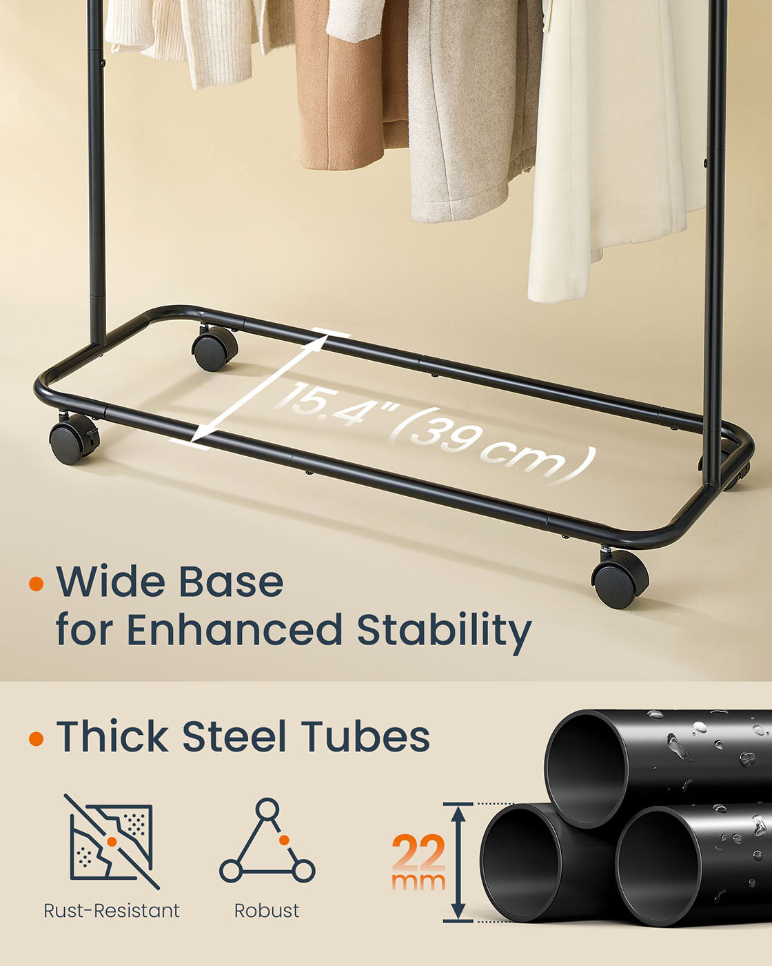 Portable Clothes Rack – Metal – Ink Black – Features 1 Clothes Hanging Rail and Matchstick-Shaped Hooks