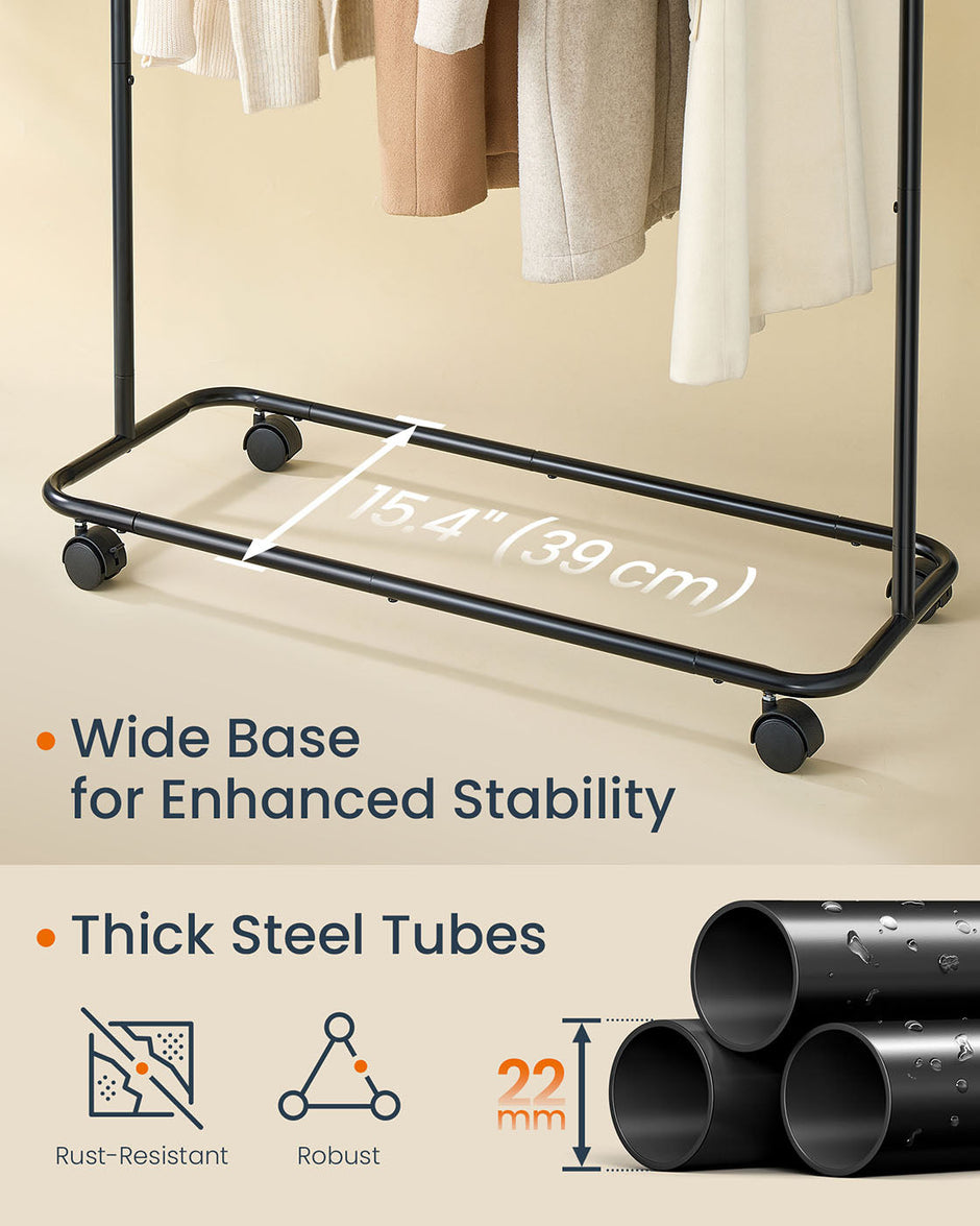 Portable Clothes Rack – Metal – Ink Black – Features 1 Clothes Hanging Rail and Matchstick-Shaped Hooks