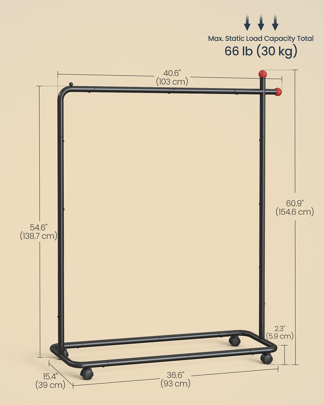 Portable Clothes Rack – Metal – Ink Black – Features 1 Clothes Hanging Rail and Matchstick-Shaped Hooks