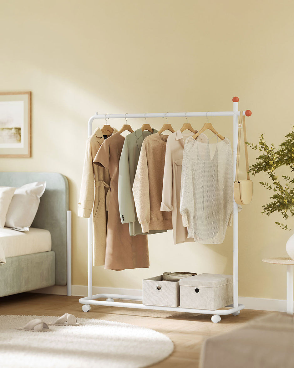 Portable Clothes Rack – Metal – Matte White – Includes Matchstick-Shaped Hooks