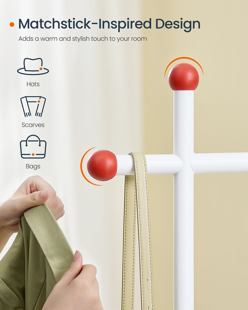 Portable Clothes Rack – Metal – Matte White – Includes Matchstick-Shaped Hooks