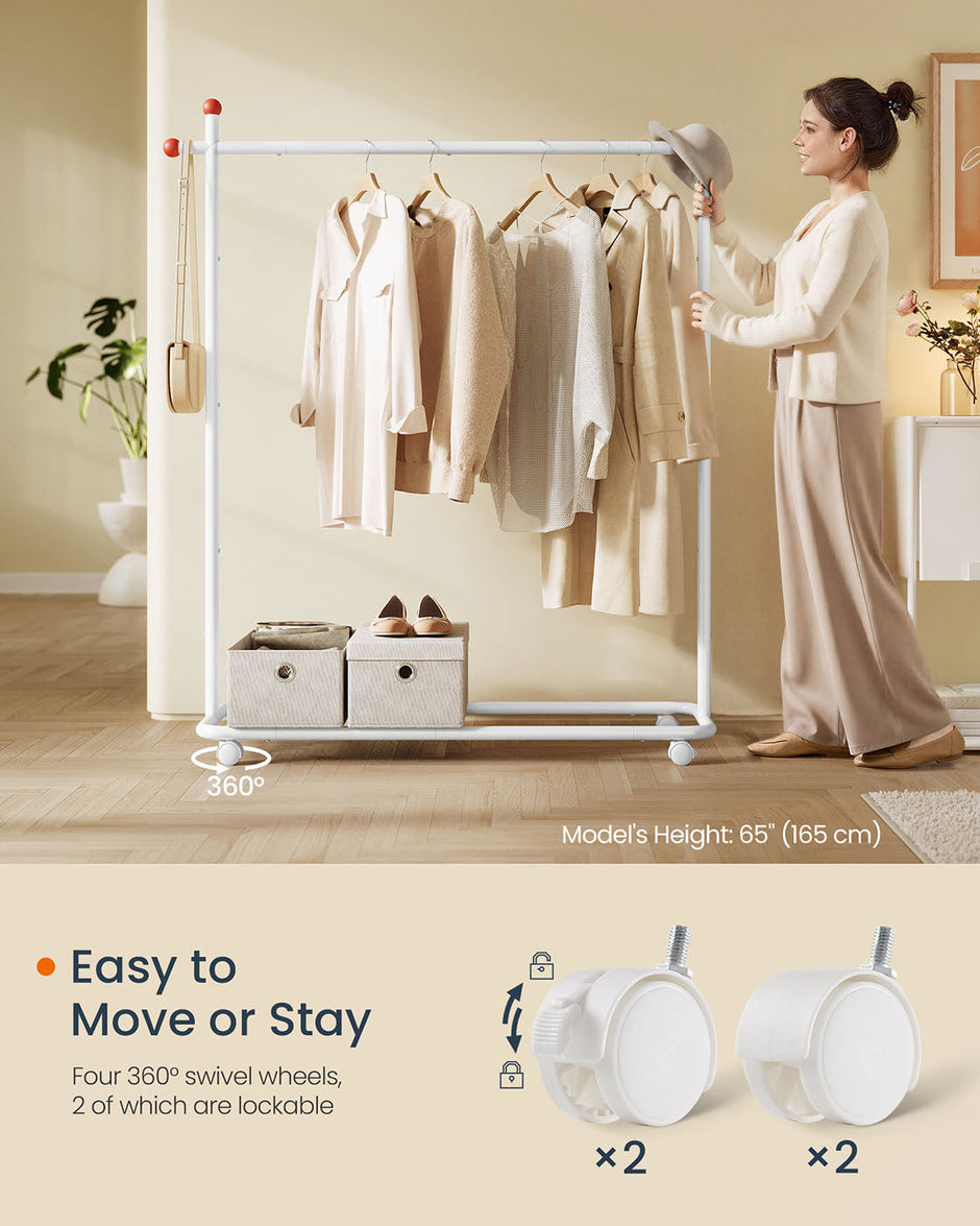 Portable Clothes Rack – Metal – Matte White – Includes Matchstick-Shaped Hooks