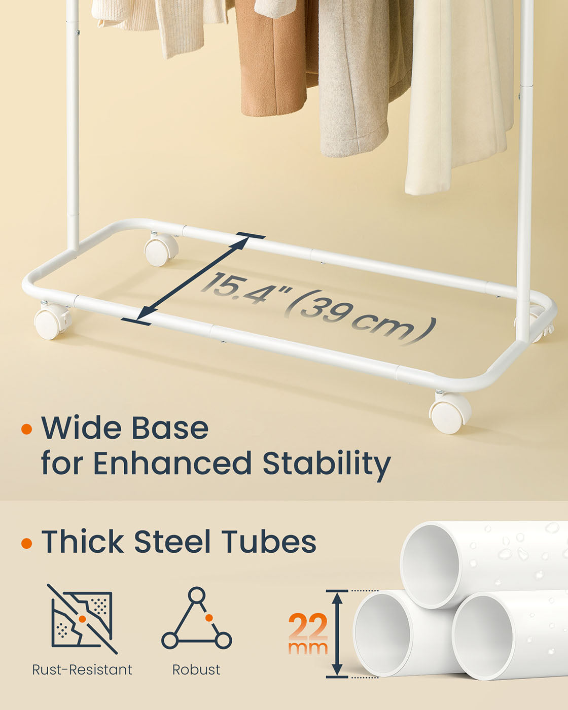 Portable Clothes Rack – Metal – Matte White – Includes Matchstick-Shaped Hooks