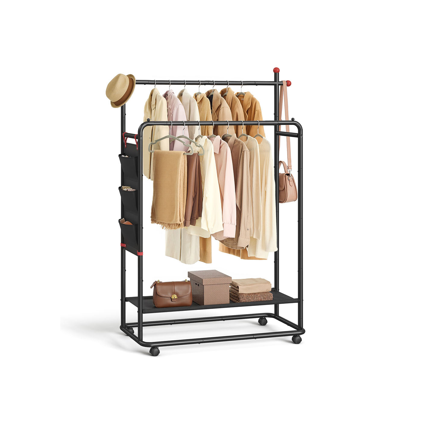 Portable Clothes Rail – Metal – Ink Black – Dual Hanging Rails with Fabric Shelf and Storage Bag