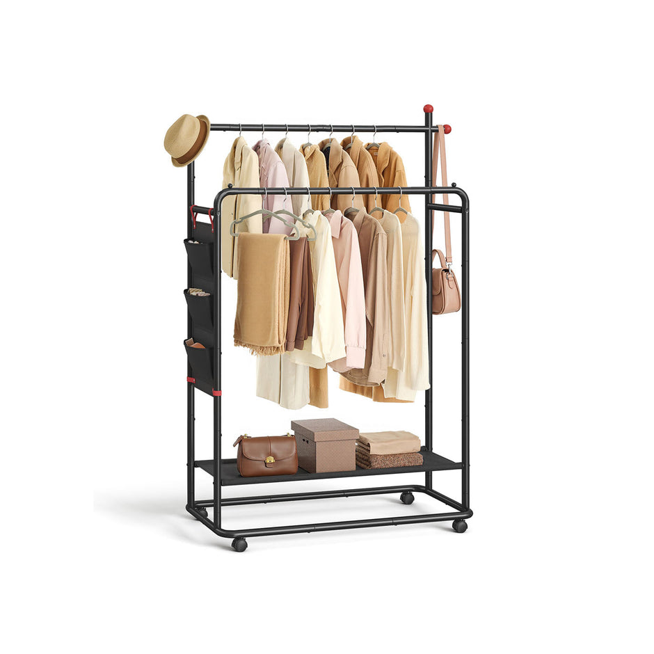 Portable Clothes Rail – Metal – Ink Black – Dual Hanging Rails with Fabric Shelf and Storage Bag