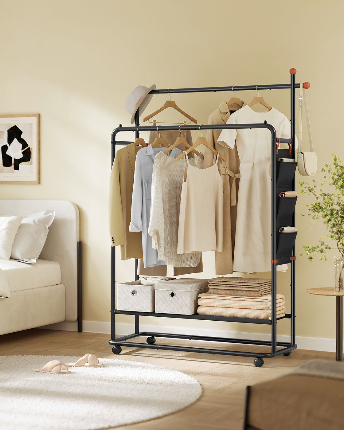 Portable Clothes Rail – Metal – Ink Black – Dual Hanging Rails with Fabric Shelf and Storage Bag